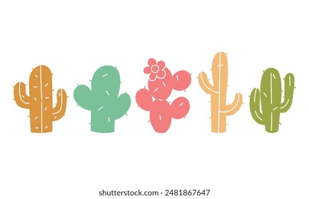 Western Vintage Cactus Collection. Solid Color Flat Style Vector Illustration.