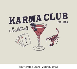 Western vintage cocktail club vector design, cocktails glass with scorpion and playing cards vector illustration, Karma club retro vintage artwork for t shirt, poster, screen print