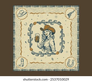 western vintage cowgirl bandana design, American cactus desert pattern design, cowgirl desert artwork for t shirt, bandana, graphic print