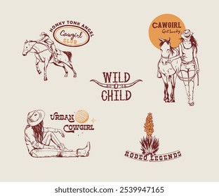 western vintage cowgirl vector design, Cowgirl riding horse, walking with horse, urban cowgirl, western country girl artwork for t shirt, sticker, graphic print