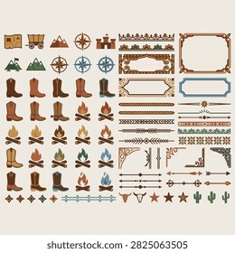 Western Vintage Decorative Elements Set with Cowboy Borders, Frames, Boots, Cactus, Arrows and Ornaments