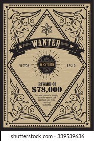 Western Vintage Frame Antique Label Wanted Retro Hand Drawn Vector Illustration