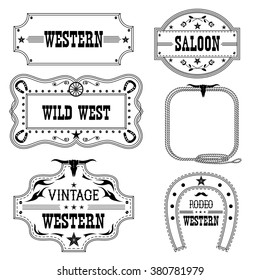Western vintage labels isolated on white for design.Vector antique frames with text