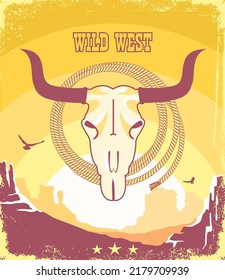 Western vintage poster background with buffalo skull and cowboy lasso. Vector wild west illustration on American desert landscape