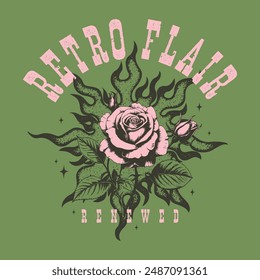 western vintage retro slogan design with flames and roses