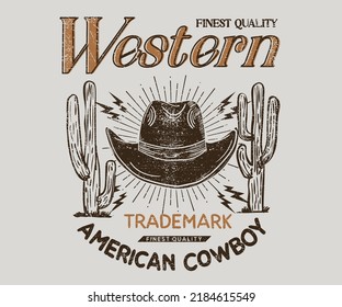 Western vintage vector t shirt design. Wild cactus desert for apparel, poster, background, sticker and others. Cowboy  artwork.
