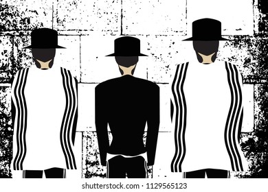 Western Wall, Jerusalem. The Wailing Wall. Religious Jewish Hasidim in hats and talit pray. Black and white vector illustration