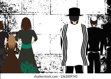 Western Wall, Jerusalem. The Wailing Wall. Religious Jewish Hasidim in hats and talith and women pray. Black and white vector illustration.