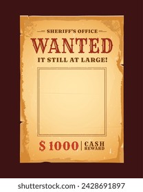 Banner de Western wanted con recompensa por muerto o vivo póster vintage, vector de fondo en blanco. Retro ladrón del salvaje oeste o bandido quería cartel de recompensa, marco de anuncio de la oficina del sheriff en papel envejecido