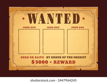 Western wanted banner with reward. Dead or alive vintage banner. Criminal, outlaw or Wild West robber, gunslinger wanted justice paper poster or law grunge banner, vector frame with money reward