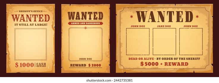 Western wanted banners with reward. Dead or alive vintage poster vector templates. Wild West cowboy or Texas criminal wanted signs with blank photo frames and bounty on old paper texture background