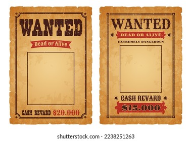Western wanted, dead or alive vintage banner. Wild West criminal or outlaw wanted reward grunge vector poster. America Texas robber hunt vector paper banner with retro typography, old paper texture