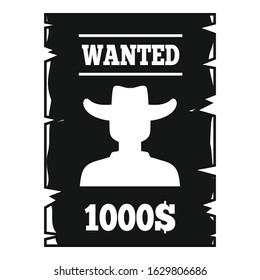 Western wanted paper icon. Simple illustration of western wanted paper vector icon for web design isolated on white background