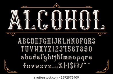 Western whiskey label font, retro tattoo typeface, alcohol bar type, old english alphabet vector typography. Vintage gothic letters and numbers, victorian flourishes frame corners, whiskey font abc