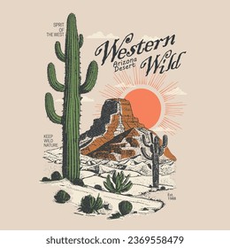 Western wild Arizona desert T-shirt, sweatshirt vintage vector graphic Print, Arizona desert dreams vector graphic print artwork for apparel, stickers, background and others. 