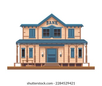 Western, Wild West bank or town building, old American wood architecture, isolated vector. Western country or Wild West American bank building facade with wooden windows and entrance