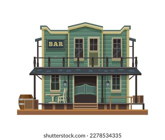 Western, Wild West bar in cowboy town, old cartoon building, vector country wooden saloon. American Wild West or Texas country bar for cowboys, Western antique house building with signage