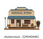 Western Wild West general store town building, vector old american architecture. Cartoon house of Texas town general store, retail shop or grocery with wood facade, windows, door and Wild West wagon