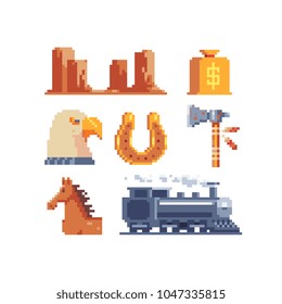 Western wild west pixel art icons. Design for mobile app, web, logo. horseshoe, American eagle head, locomotive, hammer, canyon, horse, money bag with dollar sign isolated vector illustration. 8-bit.