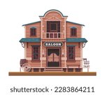 Western, Wild West saloon, cartoon town building or cowboy country bar, vector old house. Western saloon tavern or Texas wooden house, Western American architecture and pub exterior