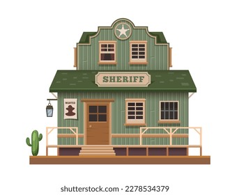 Western, Wild West sheriff office, town building of cowboy cartoon, vector old house of wood. American country city or Wild West architecture, Texas sheriff office or police building with sign