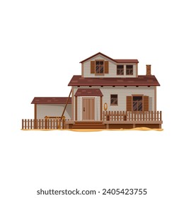 Caricatura de Western Wild West town cowboy o sheriff house. Construcción vectorial de la vieja calle de campo del Lejano Oeste con fachada de tablero de madera, porche y escaleras, barandilla con arnés de caballo y lazo