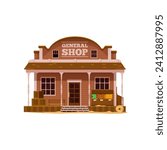 Western Wild West town general shop cartoon building. Vector old american Western country street scene, cowboy town building of general store, retail shop or grocery with wooden showcase, boxes, bench