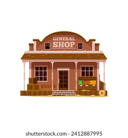 Western Wild West town general shop cartoon building. Vector old american Western country street scene, cowboy town building of general store, retail shop or grocery with wooden showcase, boxes, bench