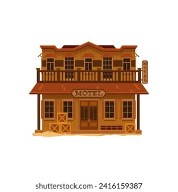 Western Wild West town motel cartoon building. Vector old two storey wood house of cowboy city street. Wild West hotel or hostel building with brown wooden facade, balcony and vintage Motel signboard