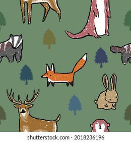 Western Wildlife Seamless Pattern, Mammals Backdrop, Animals in Pine Forest Wallpaper, Cartoon Pattern, Natural Background, Doodle Pattern