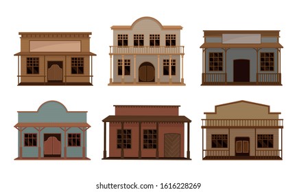 Western Wooden Saloon Bars and Buildings Vector Set