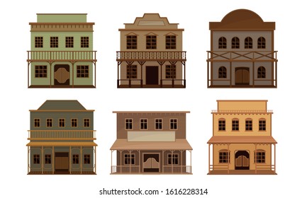 Western Wooden Saloon Bars and Buildings Vector Set