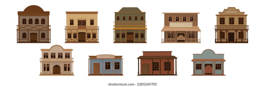 Western Wooden Saloon Bars and Buildings Vector Set