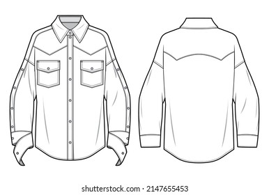 Western Yoke Long Sleeve Shirt with Pockets, Drop Shoulder Long Sleeve Snap Button Detail Shirt Front and Back View. Mens, women, Unisex Fashion Illustration, Vector, CAD, Technical Flat Drawing