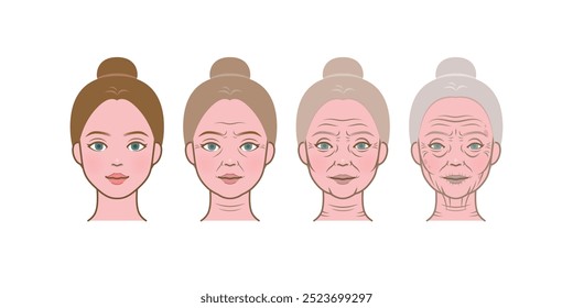 Westerner woman's skin aging process showing wrinkles. Young, adult, old