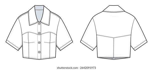 Western-Inspired Cropped Shirt Technical Fashion Illustration. Button-Up Short Sleeve Shirt Vector Template. Curved Yoke Detail. Double Chest Seams. Boxy Fit. Women’s Wear. CAD Mockup set.