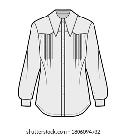 Western-inspired pintucked shirt technical fashion illustration with long sleeves, front button-fastening, exaggerated point collar. Flat template front white color. Women men unisex top, CAD mockup
