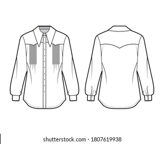 Western-inspired pintucked shirt technical fashion illustration with long sleeves, front button-fastening, exaggerated point collar. Flat template front back white color. Women unisex top CAD mockup