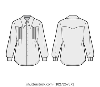 Western-inspired pintucked shirt technical fashion illustration with long sleeves, front button-fastening, exaggerated point collar. Flat template front back, grey color. Women unisex top CAD mockup