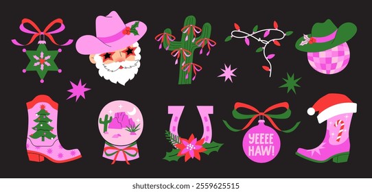 Western-themed Christmas illustrations. Cowboy boots, Santa in a cowboy hat, decorated cacti, ornaments, horseshoes, and festive accents. Vector cartoon graphics