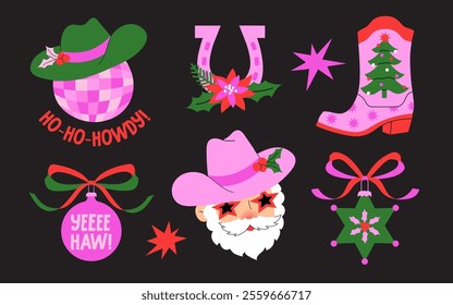 Western-themed Christmas illustrations. Cowboy boots, Santa in a cowboy hat, decorated cacti, ornaments, horseshoes, and festive accents. Vector cartoon graphics