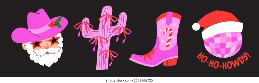 Western-themed Christmas illustrations. Cowboy boots, Santa in a cowboy hat, decorated cacti, discoball, and festive accents. Vector cartoon graphics