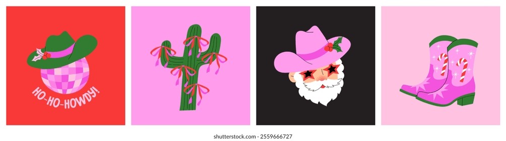 Western-themed Christmas illustrations. Cowboy boots, Santa in a cowboy hat, decorated cacti, discoball, and festive accents. Vector cartoon graphics