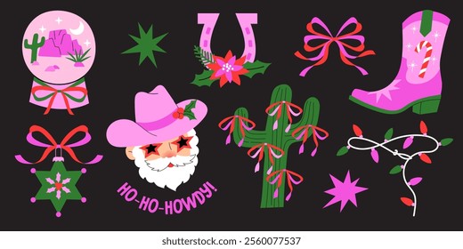 Western-themed Christmas illustrations. Cowboy boots, Santa in a cowboy hat, decorated cacti, ornaments, horseshoes, and festive accents. Vector cartoon graphics