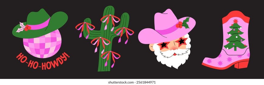 Western-themed Christmas illustrations. Cowboy boots, Santa in a cowboy hat, decorated cacti, discoball, and festive accents. Vector cartoon graphics