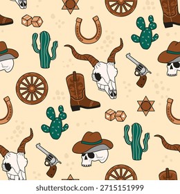 Padrão sem emenda com tema ocidental com crânios de búfalo e humanos, chapéu de cowboy, bota, estrela do xerife, cactos, roda de vagão, dados, ferradura, arma. Marrom, cores verdes no bege. Imprimir na tela. Design vetorial.