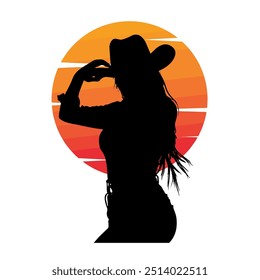 Western-Themed Silhouette of a Woman Tipping Her Cowboy Hat with Sunset Colors Shadow Black and White Female