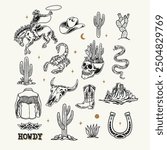 A Western-themed vector graphic set featuring cowboy elements such as a rodeo rider, hat, boots, cacti, skulls, a scorpion, snake, horseshoe, and mountain landscape.