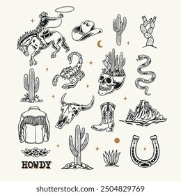 A Western-themed vector graphic set featuring cowboy elements such as a rodeo rider, hat, boots, cacti, skulls, a scorpion, snake, horseshoe, and mountain landscape.