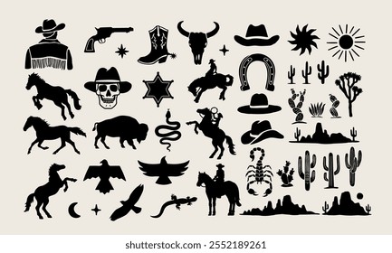 Western-themed vector graphics including cowboys, cacti, skulls, horses, and more, are available in black and white variations.